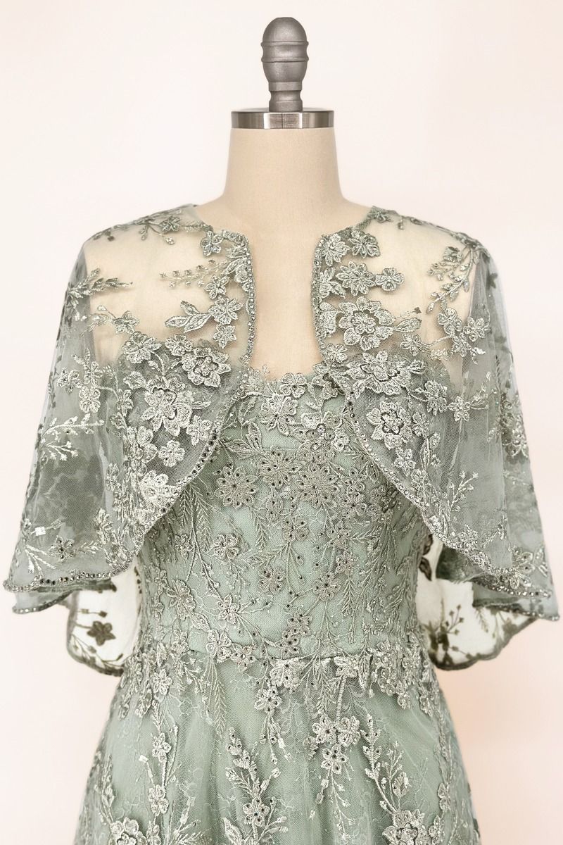 Floral Lace Gown With A Cape-0