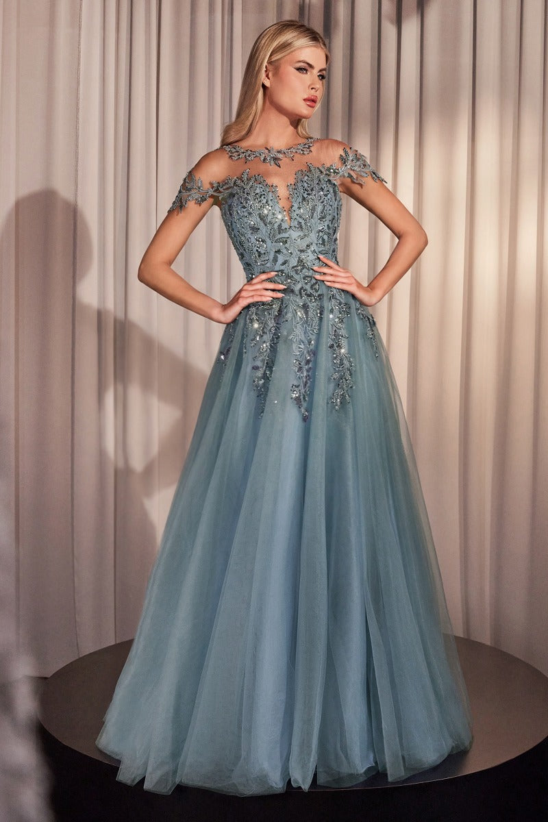 Elegant A-Line Floral Appliqué Tulle Gown With Illusion Neckline & Cap Sleeves-0
