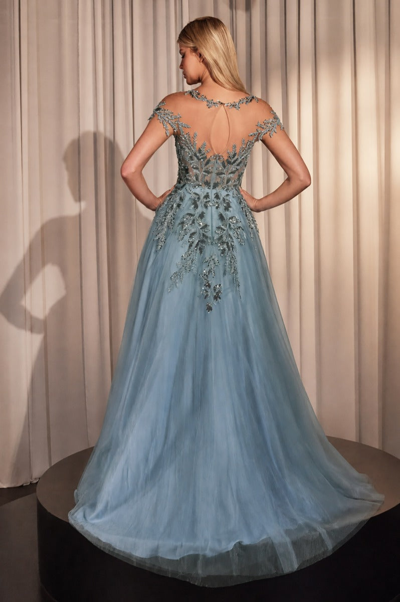 Elegant A-Line Floral Appliqué Tulle Gown With Illusion Neckline & Cap Sleeves-1