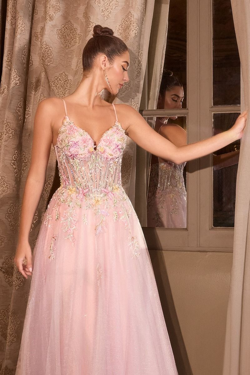 Floral Appliqué V-Neck Glitter Tulle Ball Gown-4