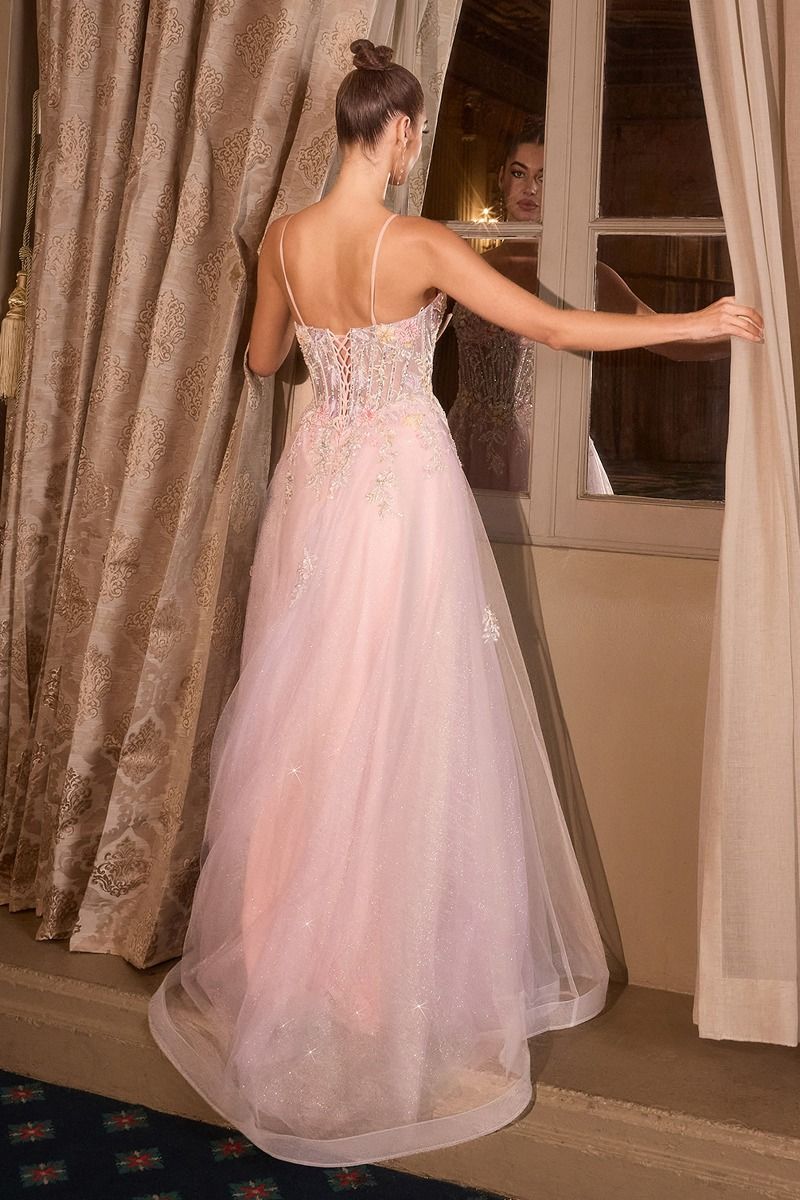 Floral Appliqué V-Neck Glitter Tulle Ball Gown-1