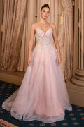 Floral Appliqué V-Neck Glitter Tulle Ball Gown-0