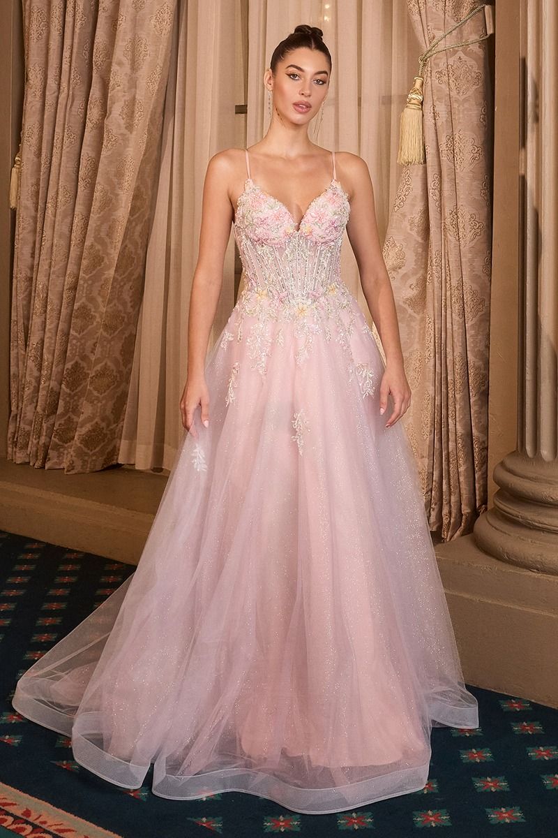Floral Appliqué V-Neck Glitter Tulle Ball Gown-0