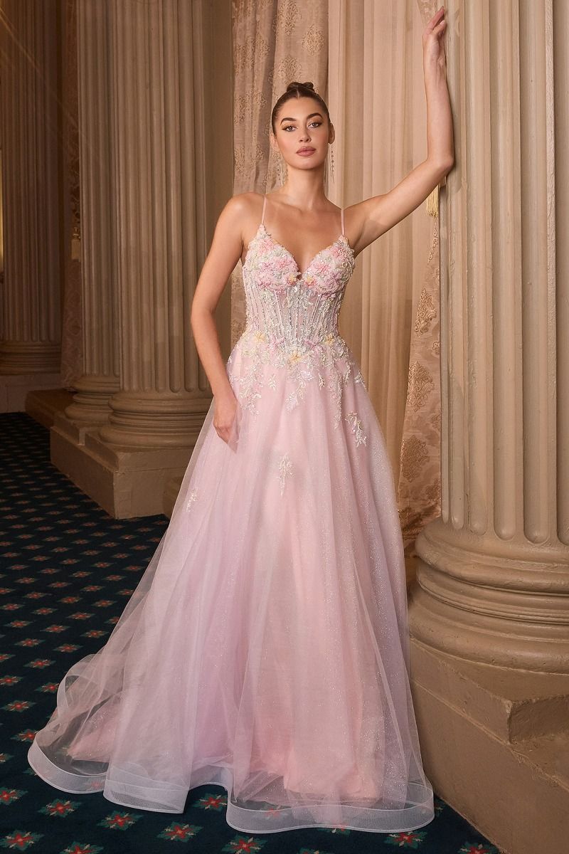 Floral Appliqué V-Neck Glitter Tulle Ball Gown-2