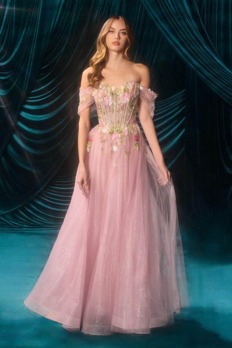 Off-Shoulder 3D Floral A-Line Tulle Gown-0