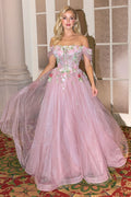 Off-Shoulder 3D Floral A-Line Tulle Gown-3