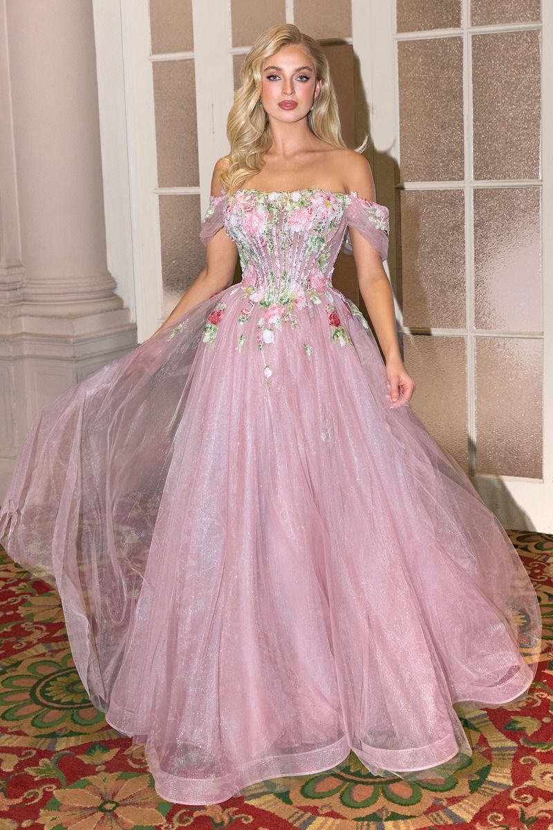 Off-Shoulder 3D Floral A-Line Tulle Gown-0