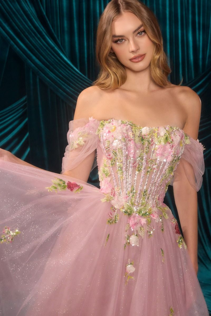 Off-Shoulder 3D Floral A-Line Tulle Gown-2