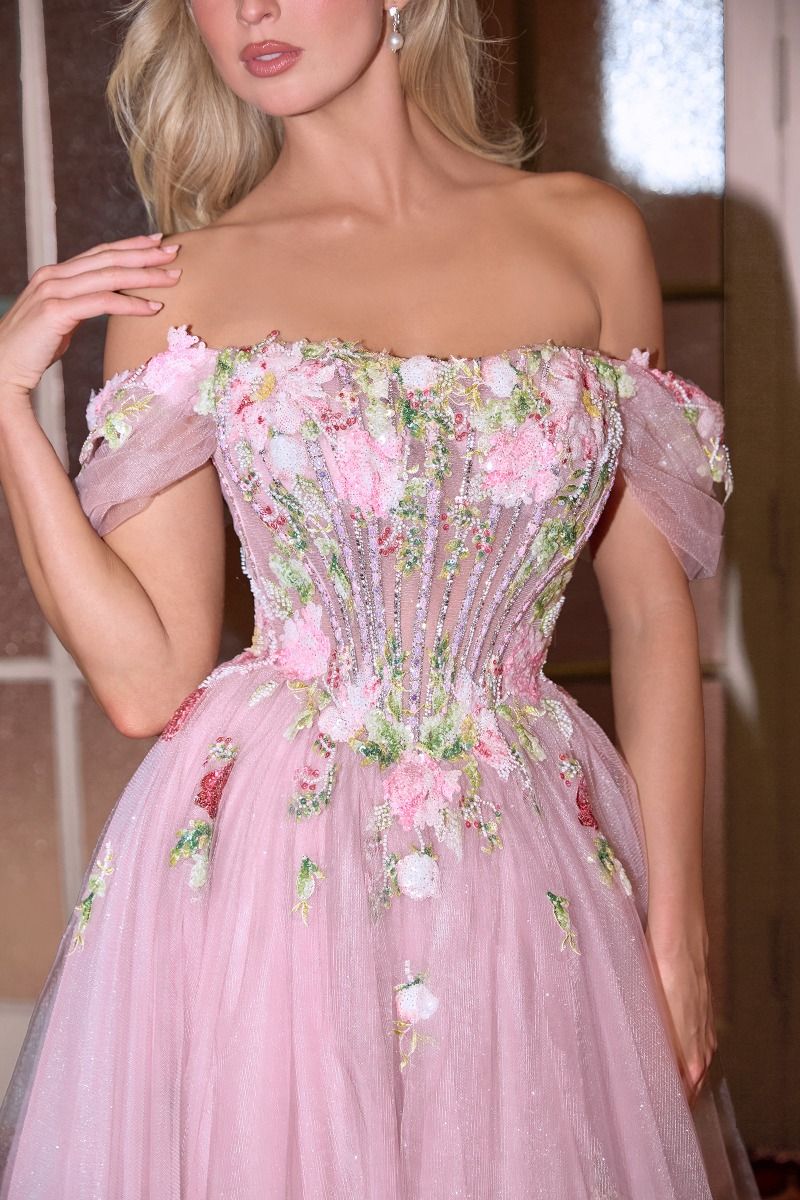 Off-Shoulder 3D Floral A-Line Tulle Gown-4