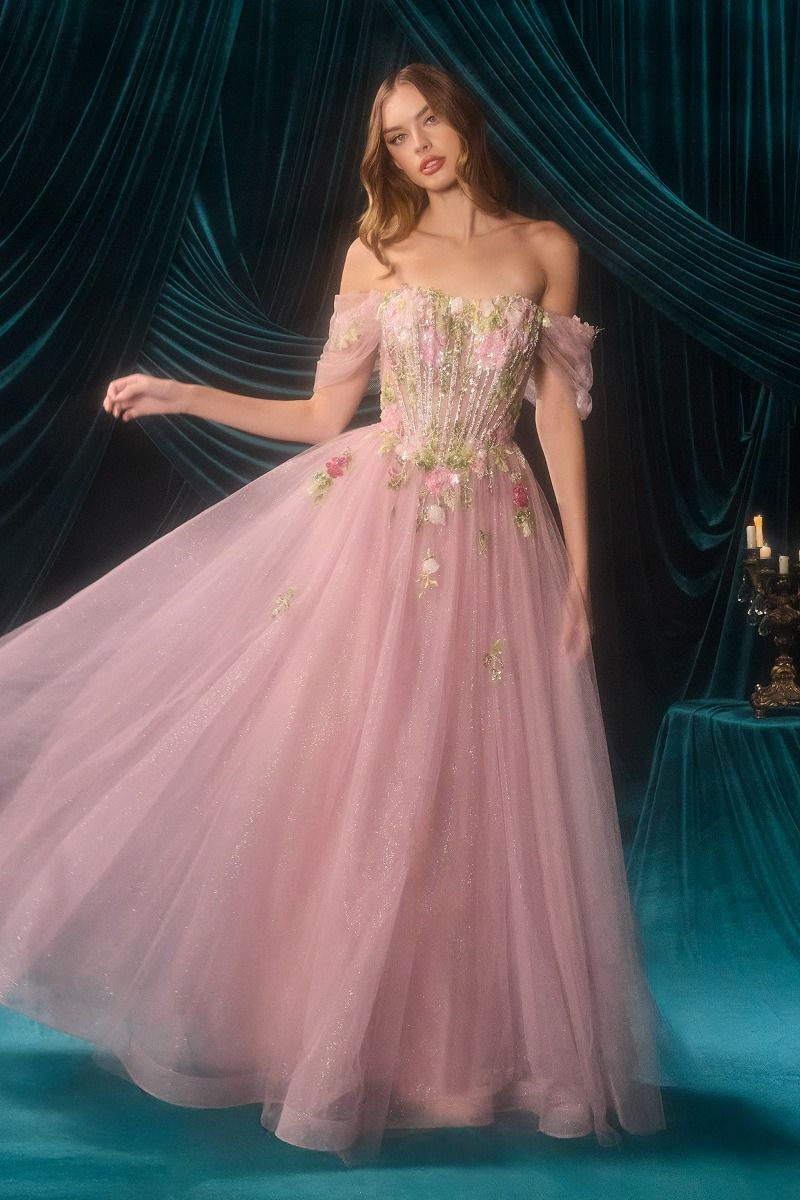 Off-Shoulder 3D Floral A-Line Tulle Gown-1