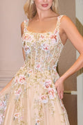 Square Neck Floral Embroidered A-Line Tulle Gown-0