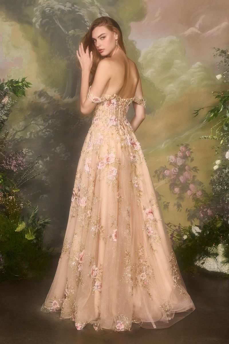 Square Neck Floral Embroidered A-Line Tulle Gown-4