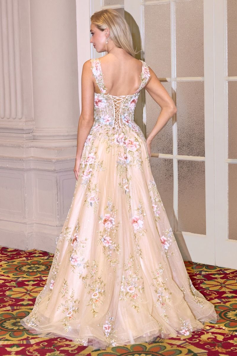 Square Neck Floral Embroidered A-Line Tulle Gown-1