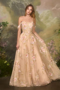 Square Neck Floral Embroidered A-Line Tulle Gown-0