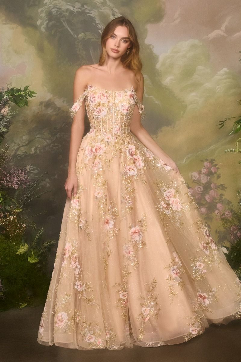 Square Neck Floral Embroidered A-Line Tulle Gown-3