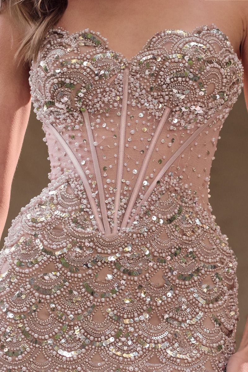 Art Deco Pearl Beaded Illusion Corset Evening Gown-1