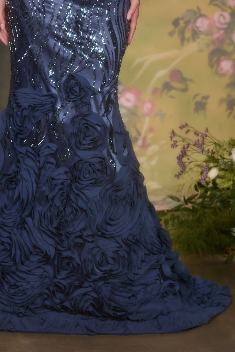 Off-Shoulder Satin Mermaid Gown with Sequin Rosette Skirt-4