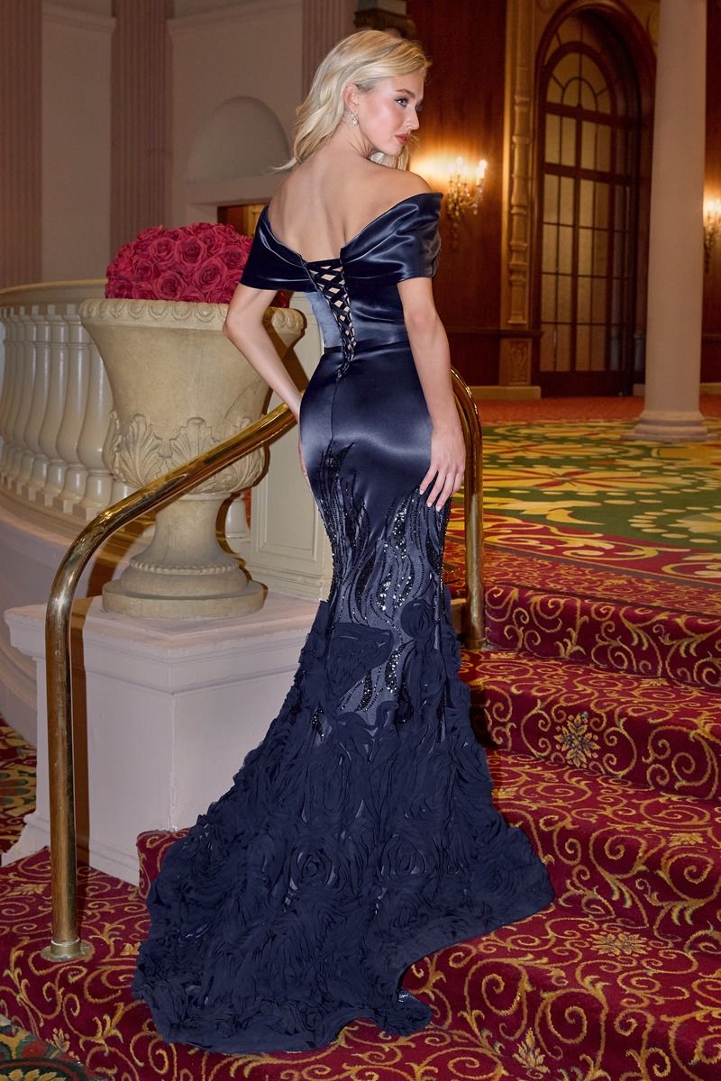 Off-Shoulder Satin Mermaid Gown with Sequin Rosette Skirt-0