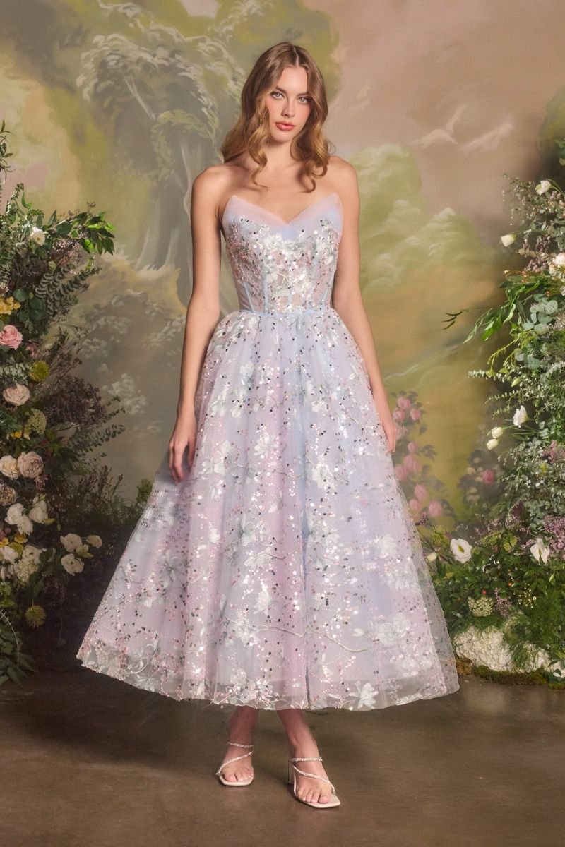 Pastel Floral Embroidered Strapless A-Line Tulle Gown-0