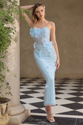 Feather Appliqué Beaded Tea-Length Cocktail Dress-0