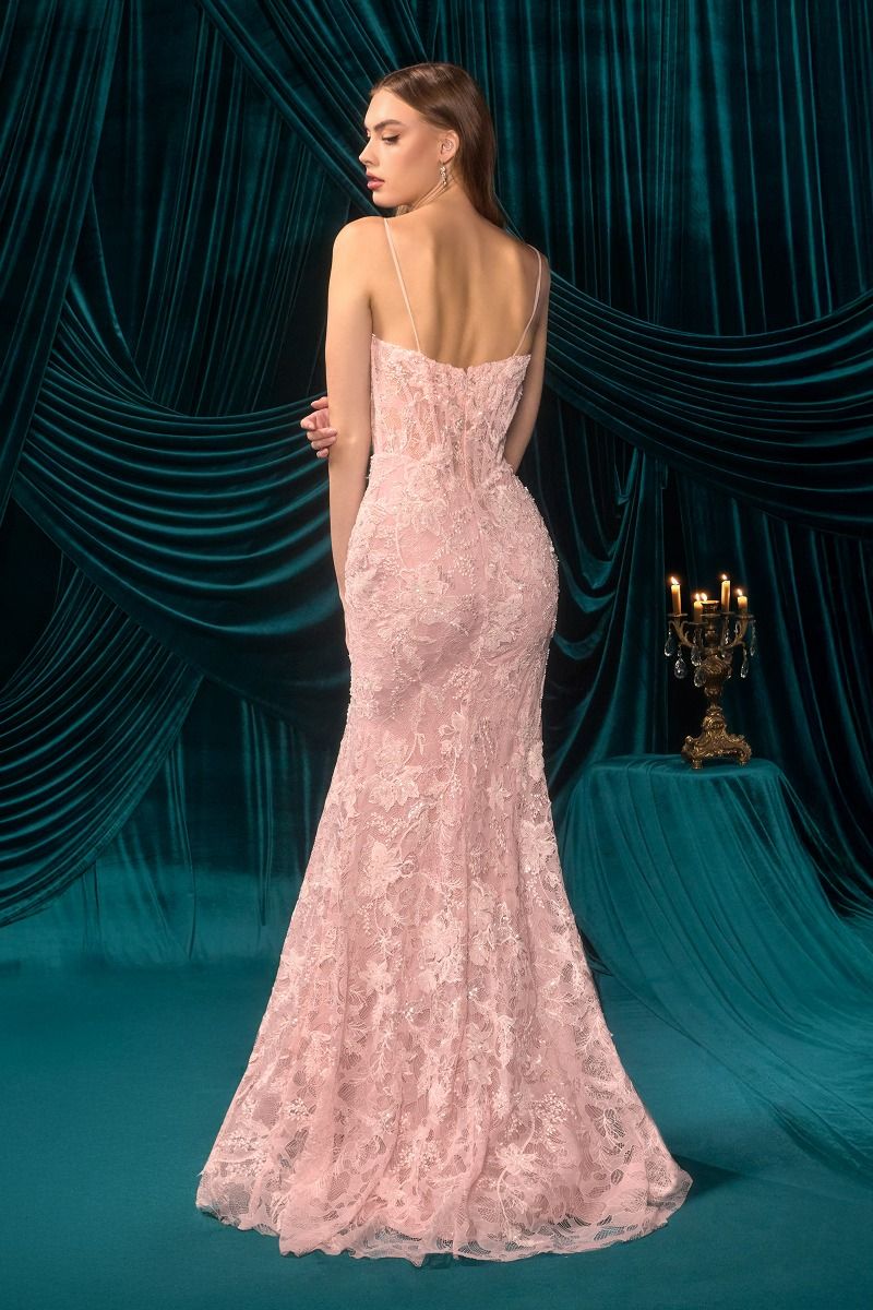 Floral Lace Spaghetti Strap Gown with High Slit and Train-4