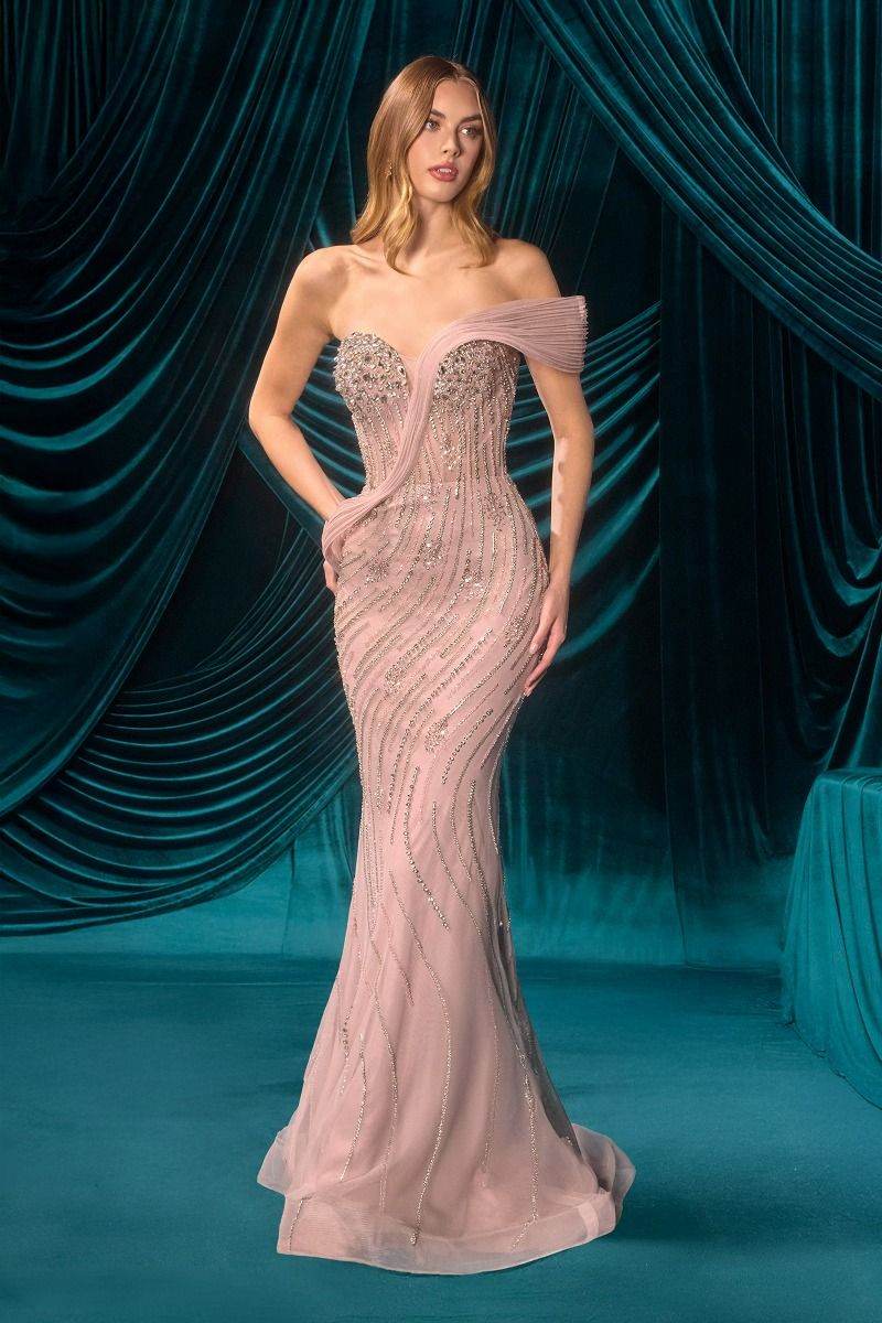 Sweetheart Crystal Beaded Gown with Sculptural Pleated Wrap-0