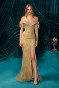Off-Shoulder Sequin Fitted Gown with High Slit-0