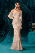 Crystal Fringe Cold-Shoulder Beaded Fitted Evening Gown-0