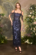Art Deco Beaded Fringe Column Gown with Cold-Shoulder Straps-0