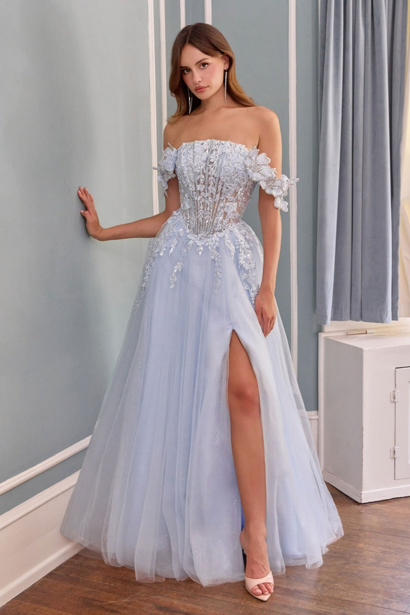 Romantic Floral Embroidered A-Line Gown | Sequin & 3d Appliqués, Illusion Corset Bodice, Detachable Off-Shoulder Sleeves | Prom, Gala & Formal-3