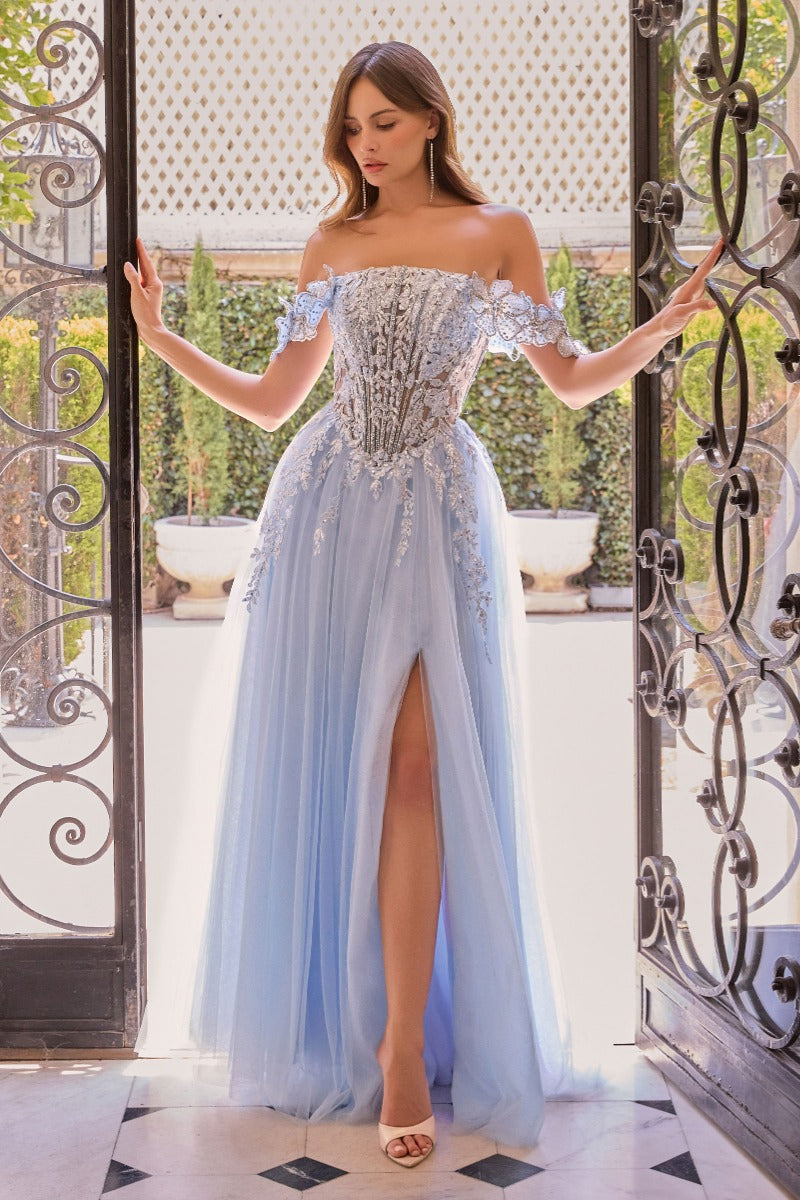 Romantic Floral Embroidered A-Line Gown | Sequin & 3d Appliqués, Illusion Corset Bodice, Detachable Off-Shoulder Sleeves | Prom, Gala & Formal-0