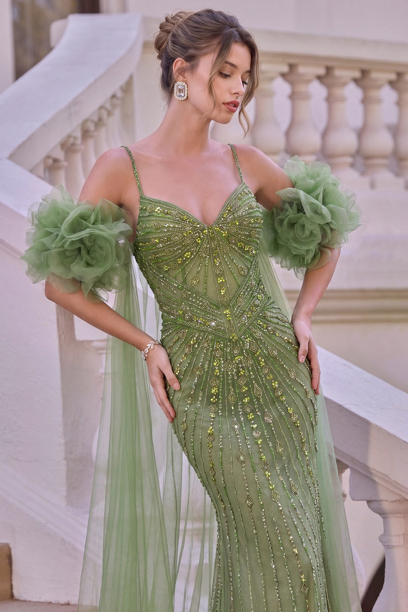 Fitted Beaded Gown With Ruffle Tulle Cape-0
