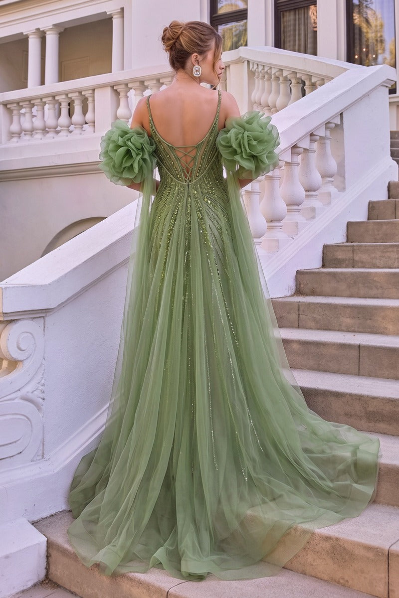 Fitted Beaded Gown With Ruffle Tulle Cape-3