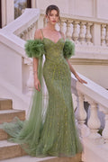 Fitted Beaded Gown With Ruffle Tulle Cape-1