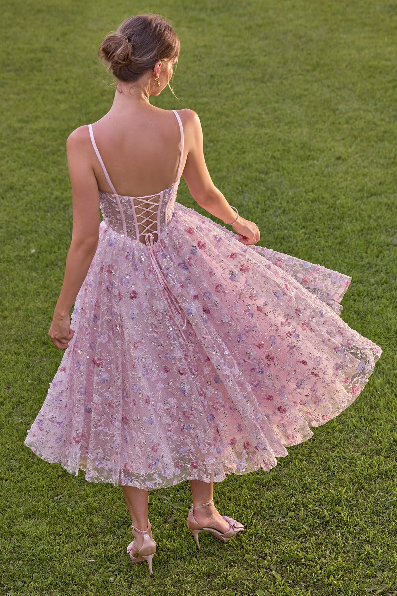 Floral Appliqué Tea-Length A-Line Gown - Sweetheart Corset Bodice & Bow Accent-2