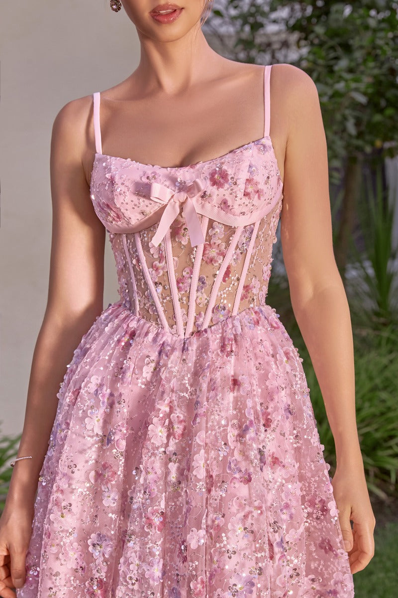 Floral Appliqué Tea-Length A-Line Gown - Sweetheart Corset Bodice & Bow Accent-1