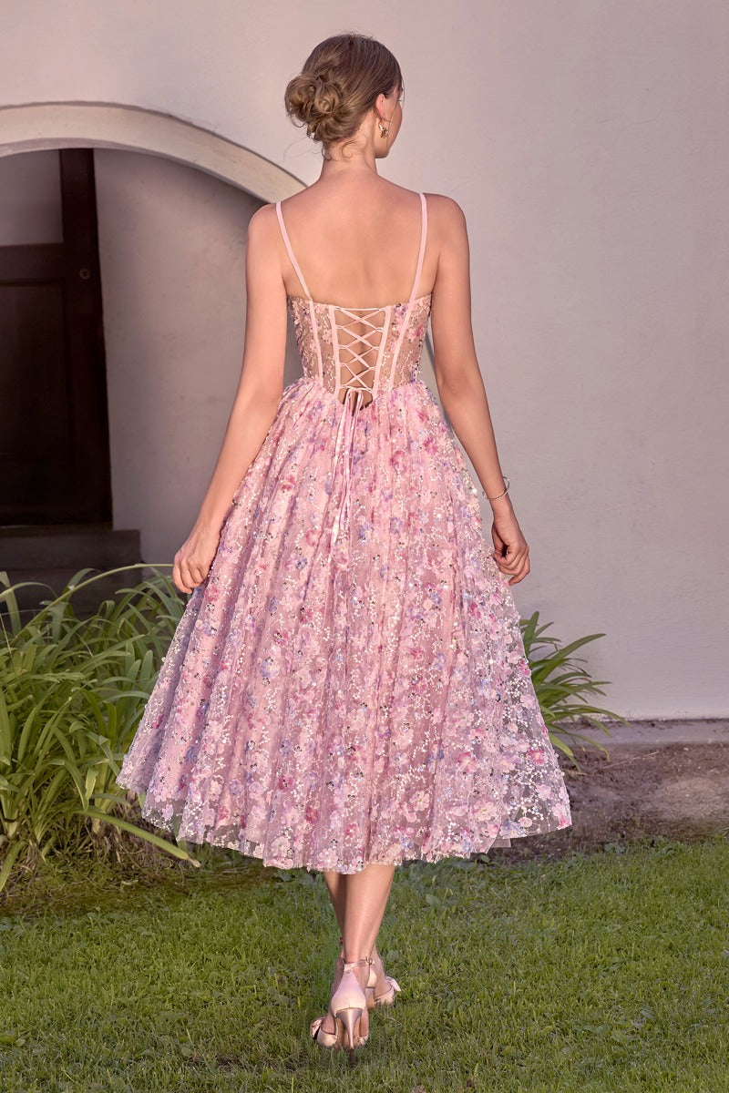 Floral Appliqué Tea-Length A-Line Gown - Sweetheart Corset Bodice & Bow Accent-3