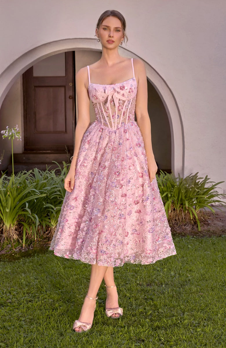Floral Appliqué Tea-Length A-Line Gown - Sweetheart Corset Bodice & Bow Accent-0