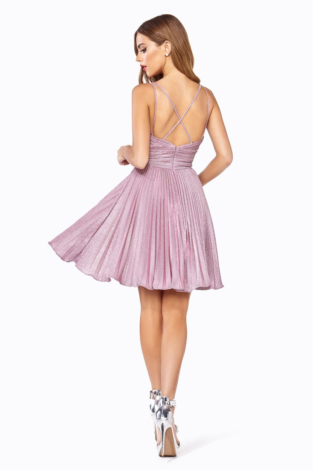A-Line Short Dress With Pleated Glitter Fabric Details And Criss Cross Back.-2
