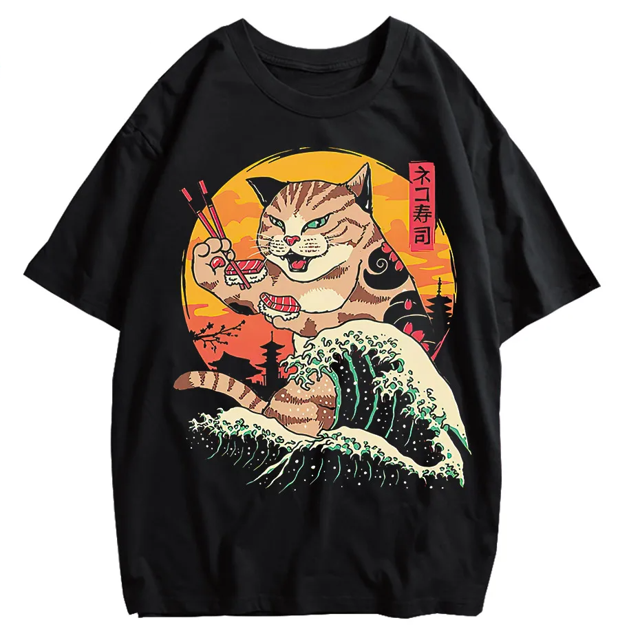 Japanese Genki Cat Anime Print Men's T-Shirt Casual O-Neck-0