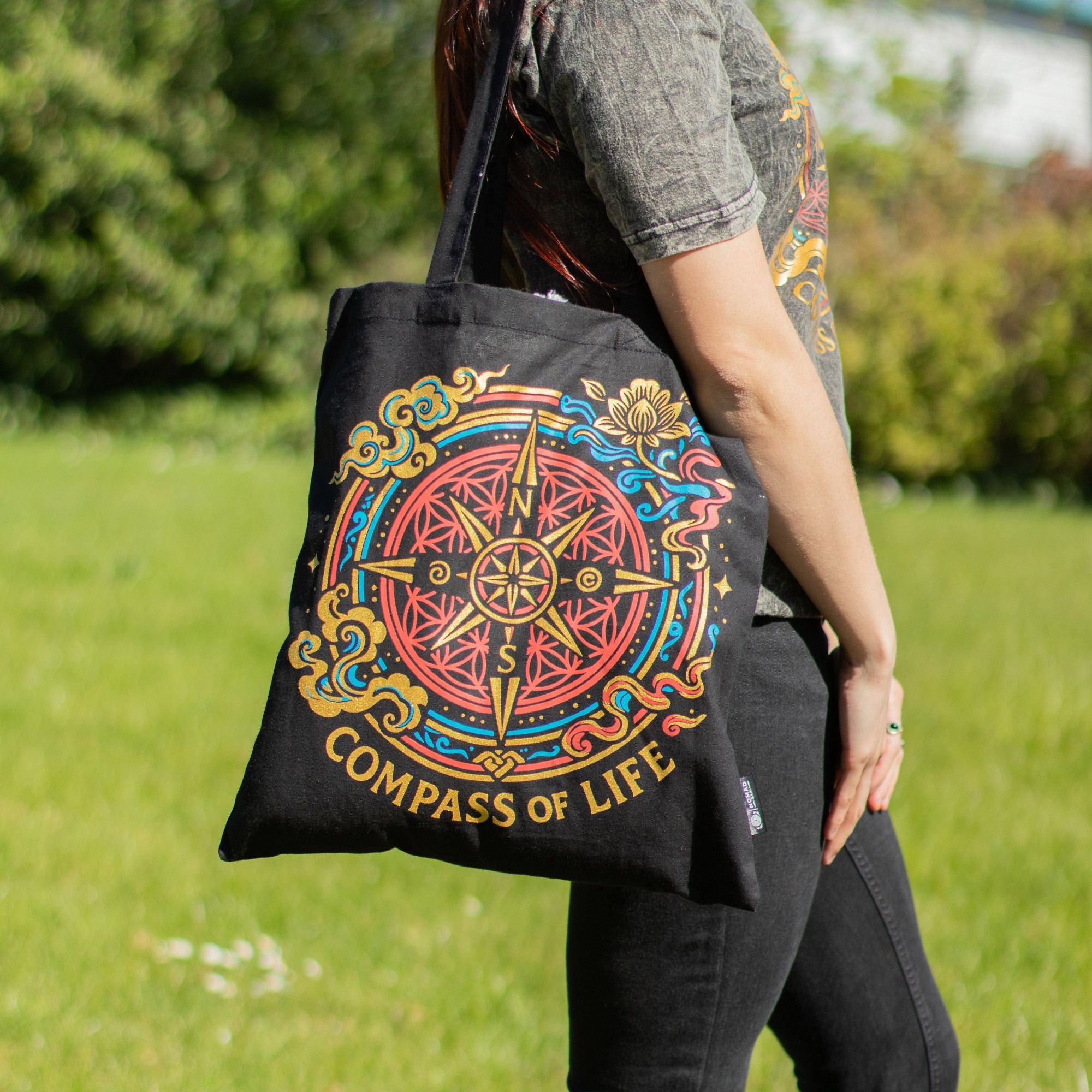 アイコニッククラシックトートバッグ - Compass of Life - ブラック 6oz