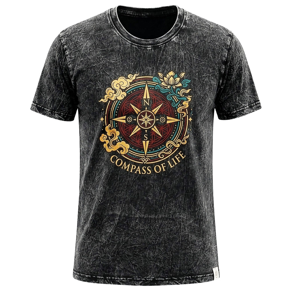 ノマド サリ ストーンウォッシュド コットンTシャツ - 生命の羅針盤 - チャコール - XL