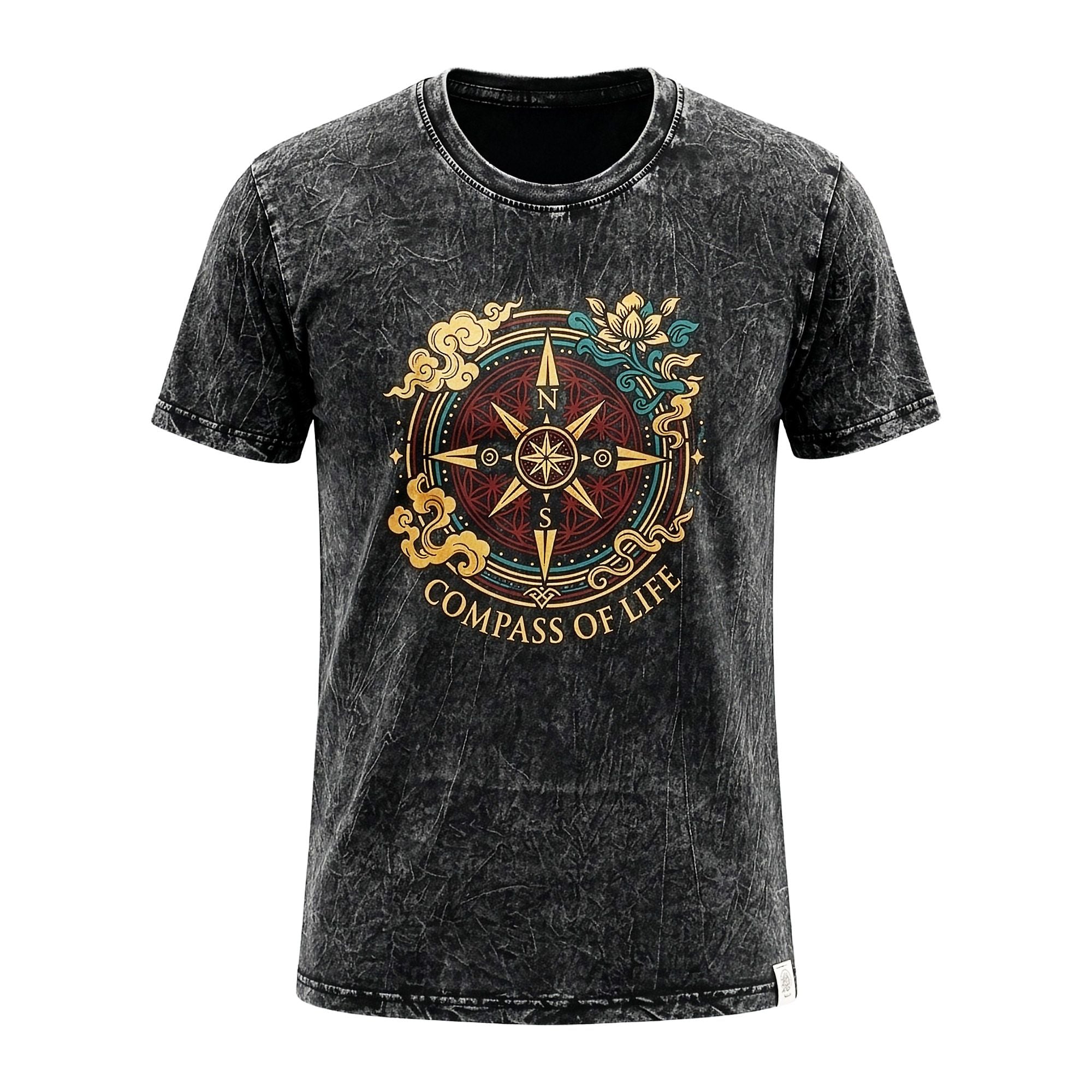Nomad Sari ストーンウォッシュ コットンTシャツ - Compass of Life - チャコール - Sサイズ