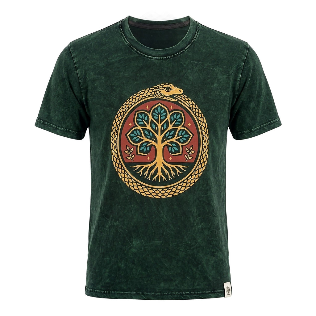 Nomad Sari ストーンウォッシュ コットン Tシャツ - 生命の樹 - グリーン - M