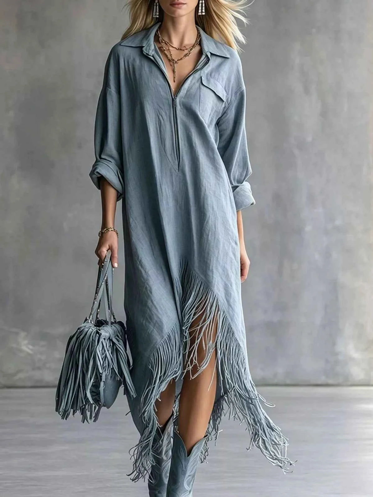 Fringe Hem Zip-Up Shirt Dress