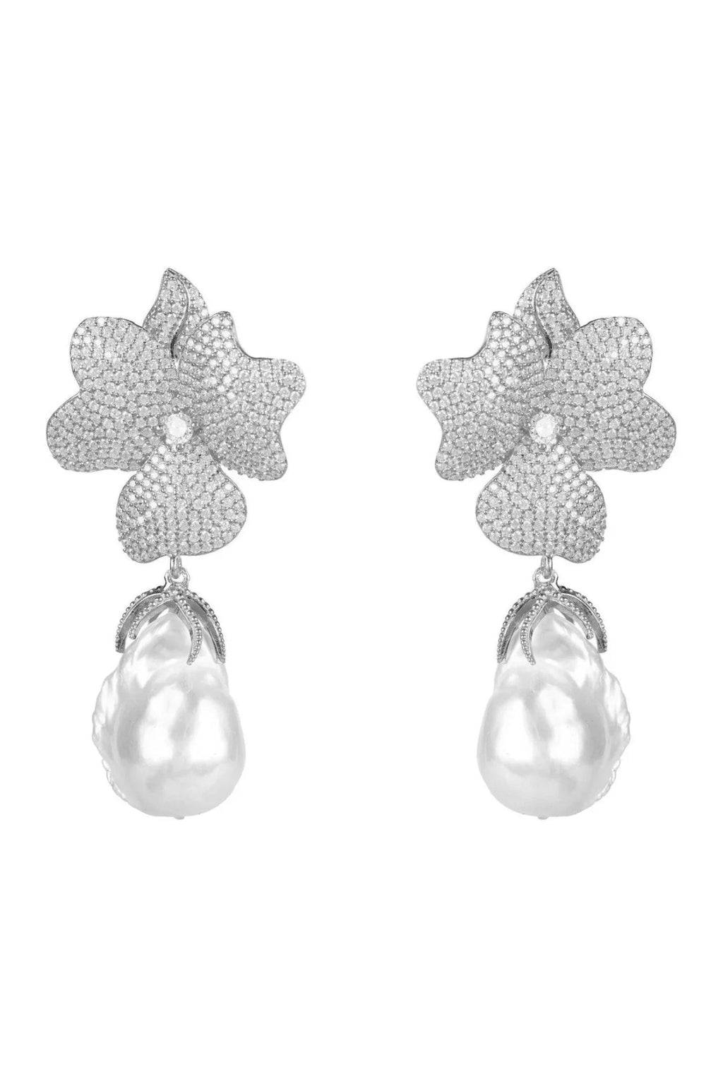 Baroque Pearl White Flower Drop Earring Silver