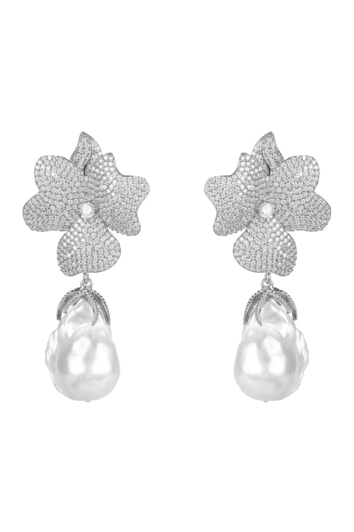 Baroque Pearl White Flower Drop Earring Silver