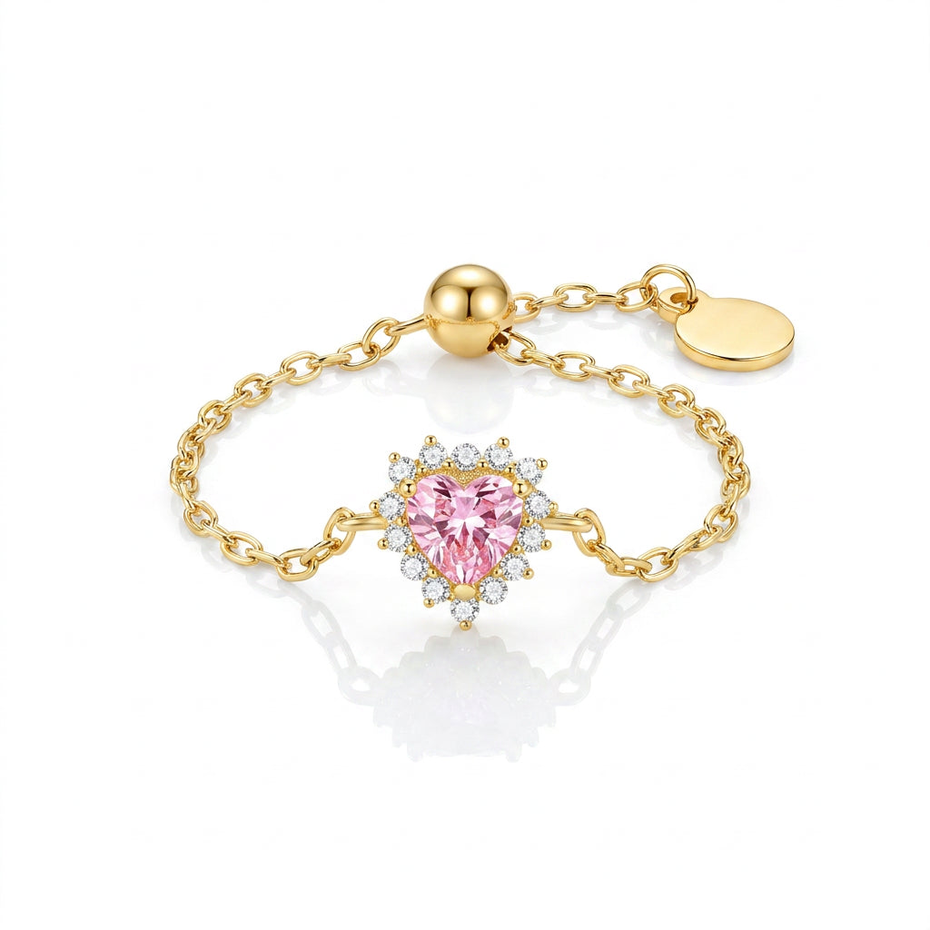 Elegant adjustable pink heart ring crafted from genuine 925 sterling silver and premium AAAA cubic zirconia. Waterproof