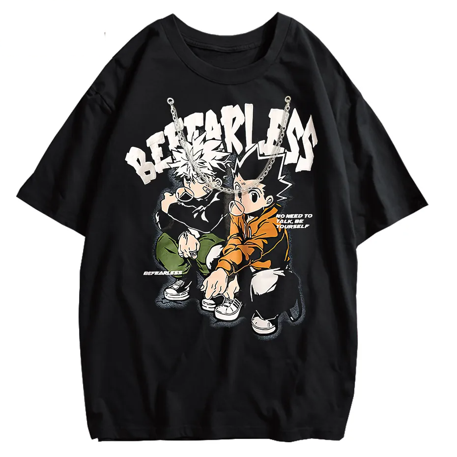 Men's Distressed Anime Graphic T-Shirt Hip Hop Harajuku Streetwear Cotton Oversized Tee-4