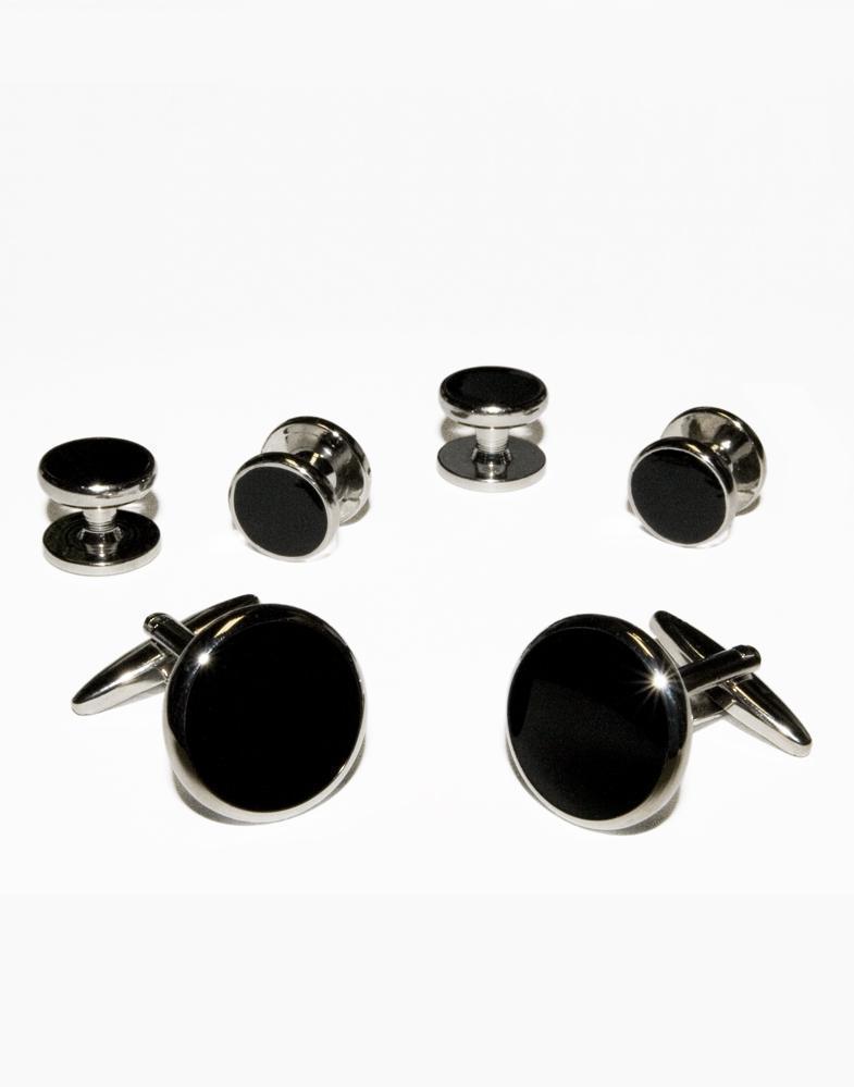 Black Circular Onyx with Gold or Silver Trim Studs and Cufflinks Set-1